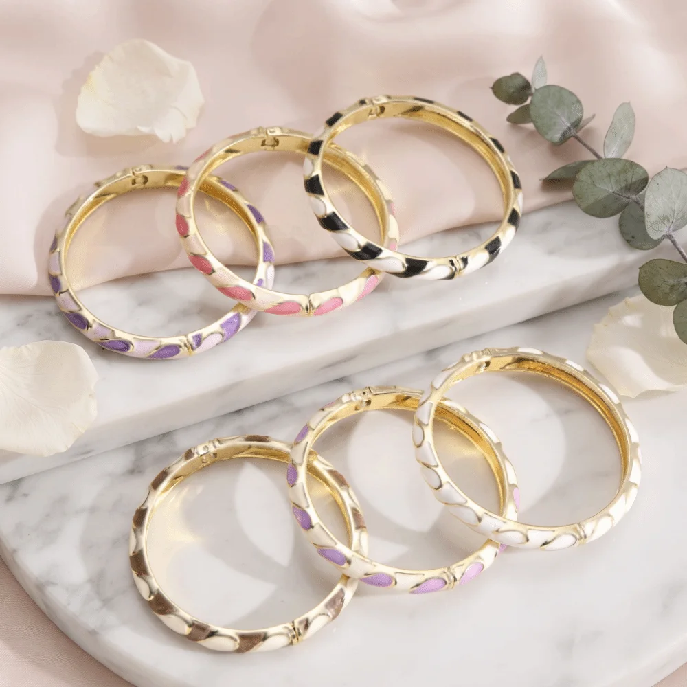 Colorful Enameled Enamel Bangle Bracelet Gold Color Plated Striped Pattern Cloisonne Bracelet Stackable Hinge Spring