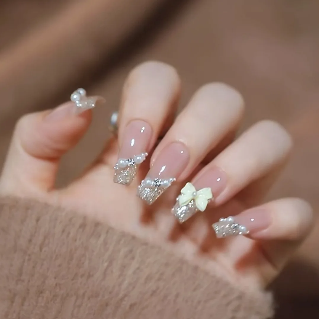 24 قطعة/المجموعة/المجموعة الصحافة الفرنسية على الأظافر بريق الفضة الأظافر وهمية بسيطة أظافر صناعية نصائح نوردنيز Uñas Postizas Nel jep