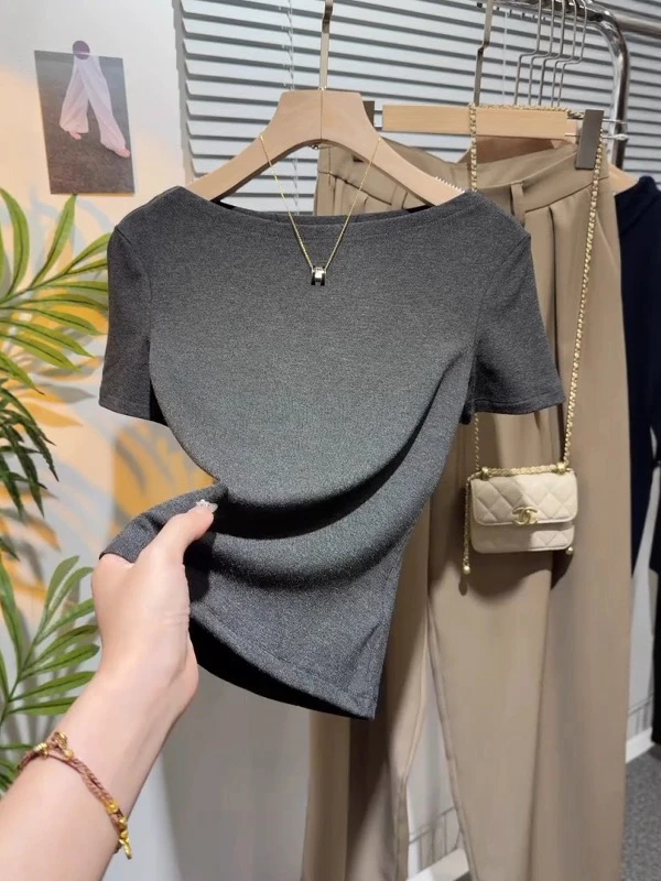 

Slim Fit Short Sleeve T-Shirt Women's Dark Grey Shoulder One Word Summer New Style Waist Inward Design Cotton Moisture Wicking