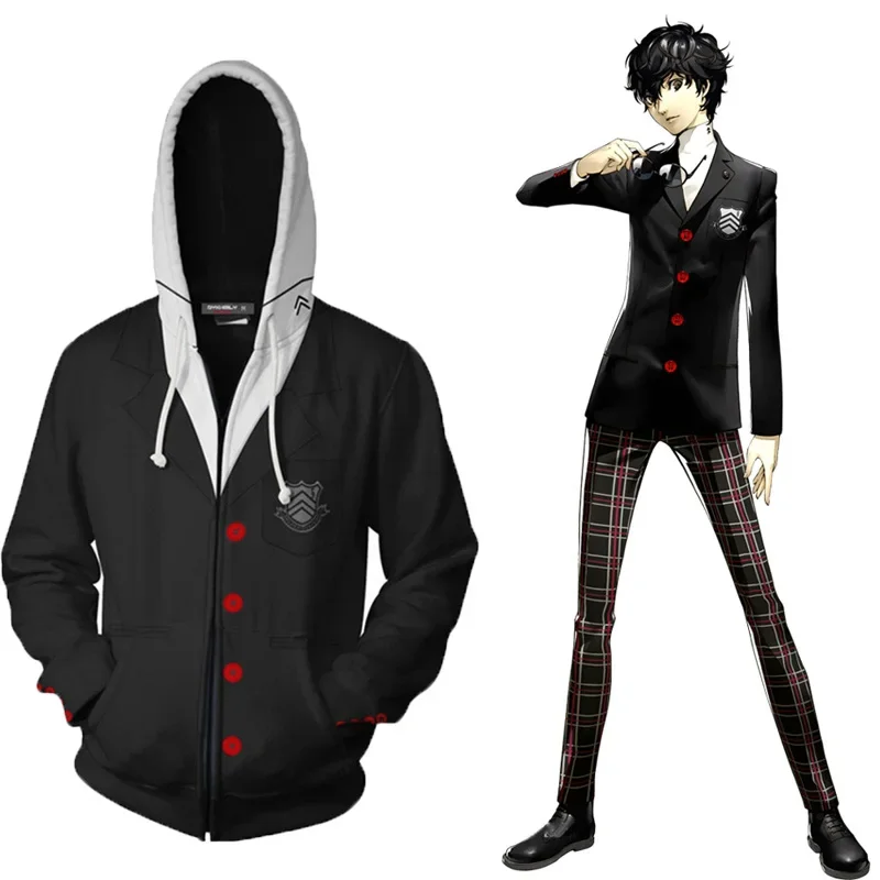 Disfraz de Persona 5 para mujer, Sudadera con capucha y sombrero, Akira Kurusu Morgana, uniforme escolar negro, chaquetas