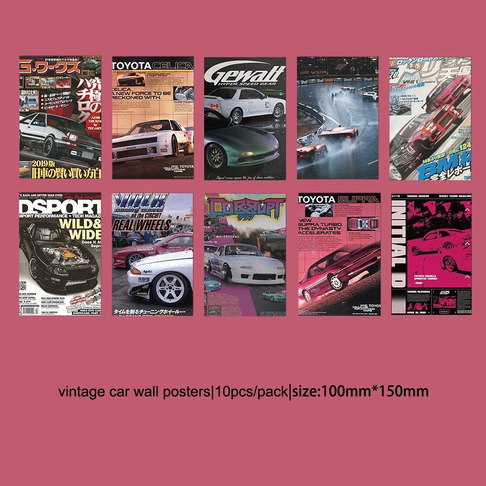 10pcs JDM Car Japanese Racing Retro Wall Collage Kit for Room Decor Aesthetic Posters Prints for Bedroom Teen Boys Kids Gift