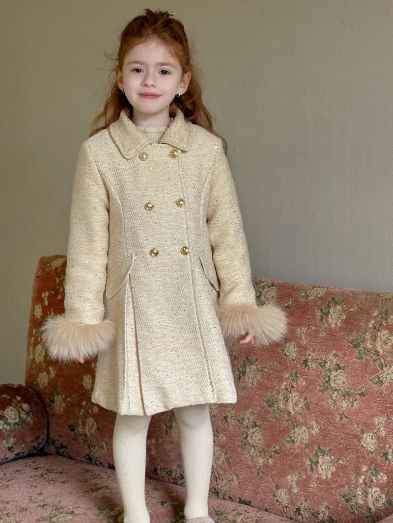 

Girls Coat 2025 Winter New Style Coat Medium Long Double Breasted Fur Sleeves Sweet and Stylish Casual Temperament Warm