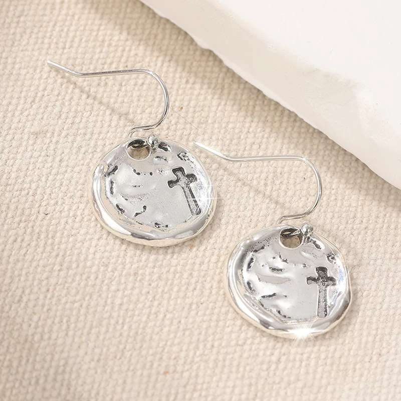 Vintage Silver Color Cross Dangle Women's Earrings Metal Hand Carving Circle Party Daily Wear