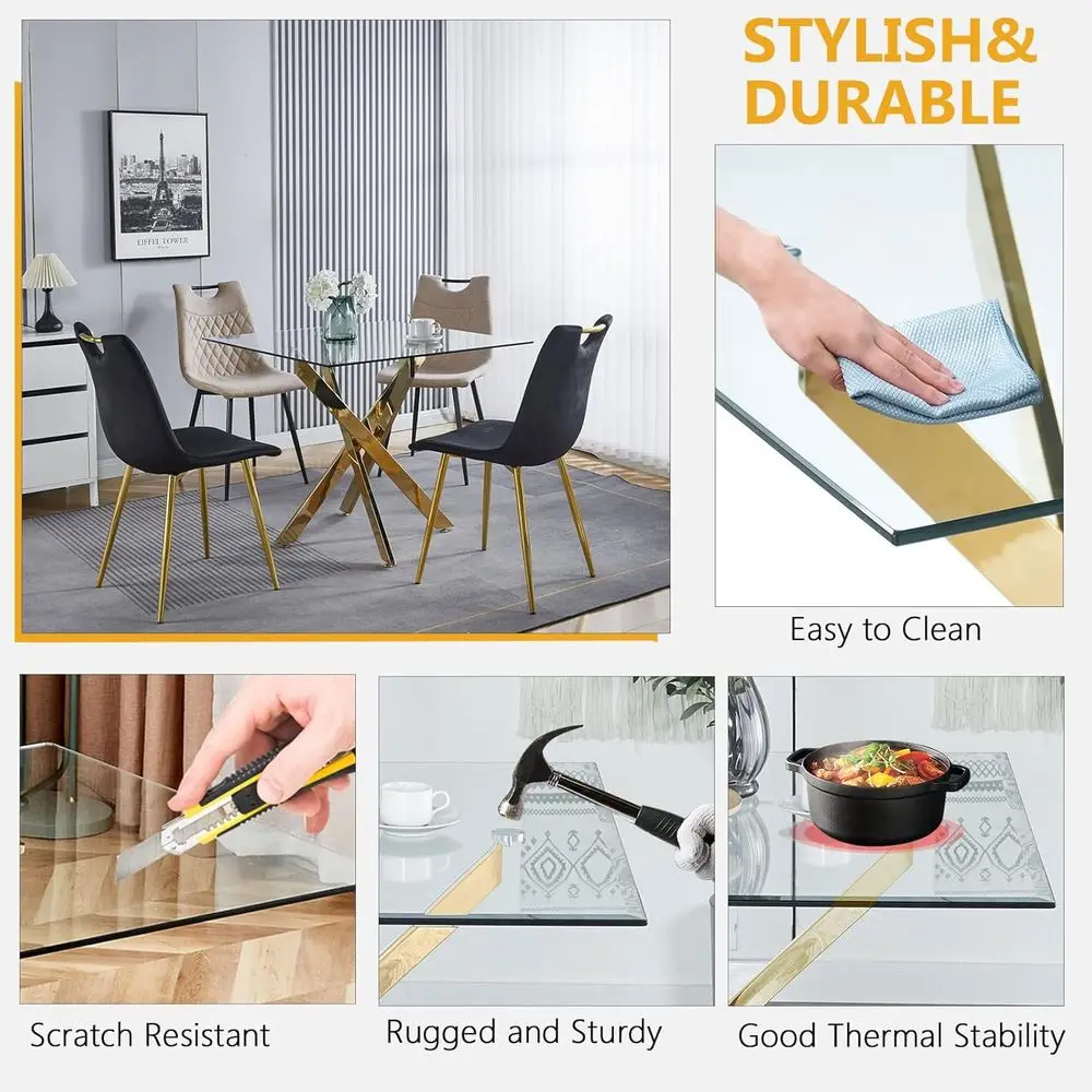 4-Person Glass Top Dining Table Set with Upholstered Chairs, 35 Square, Gold & Blue Accents for Small Kitchen or Breakfast Nook