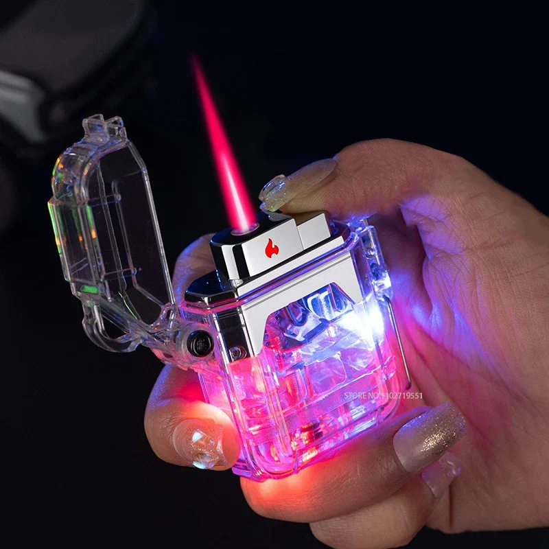Windproof Lighter Transparent Colorful Cool LED Flashlight Lighter Red Jet Flame Lighter Smoking Accessories Decorative Pendant