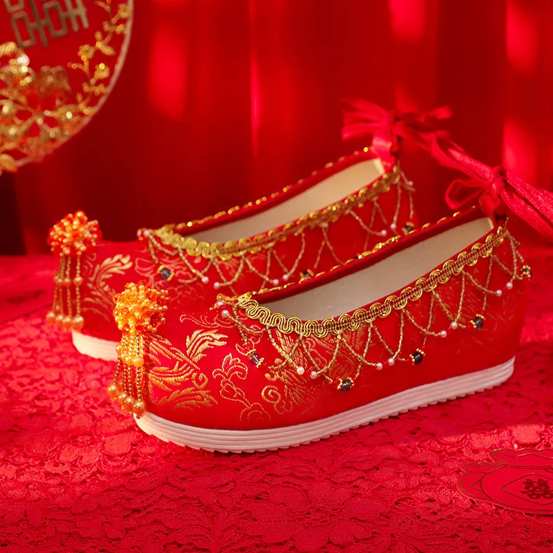 

Свадебные туфли Xiuhe в китайском стиле, красные, на низком каблуке, с вышивкой, в старинном стиле, женские туфли Хань.