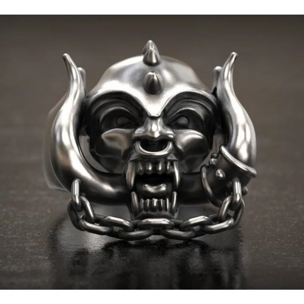 Europunk style motorcycle blackened exaggerated head skull chain ring size 6-13