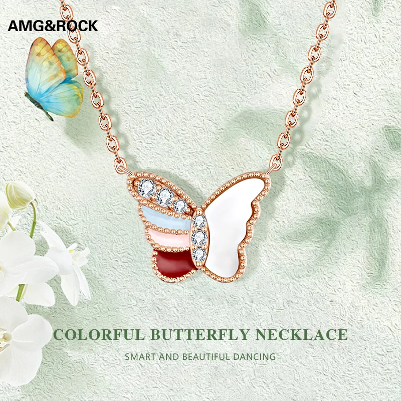 

AMGROCK Colorful Butterfly S925 Sterling Silver Necklace for Women Light Luxury Niche Jewelry Clavicle Chain Pendant