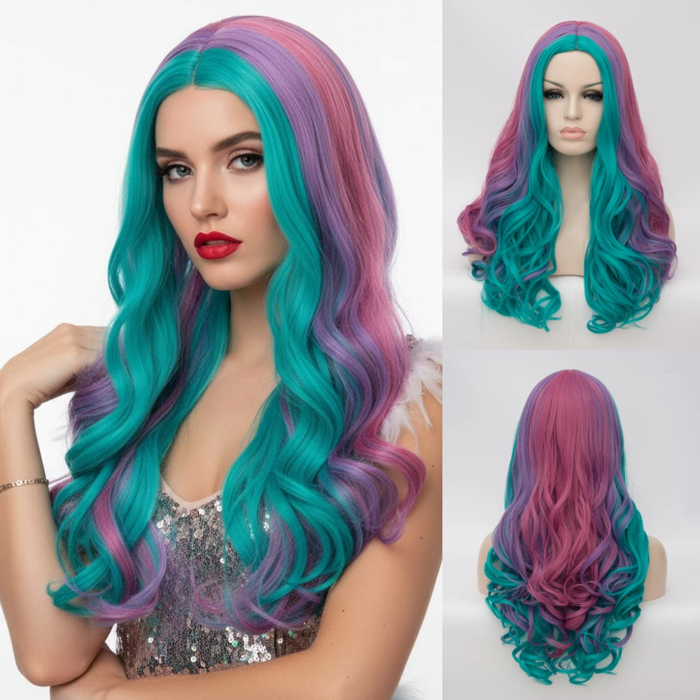 الوردي والأخضر طويل متموج شعر مستعار اصطناعي لقضاء عطلة حفلة الهالوين تأثيري الاستخدام اليومي شعر مستعار ارتفاع درجة الحرارة الشعر التبعي