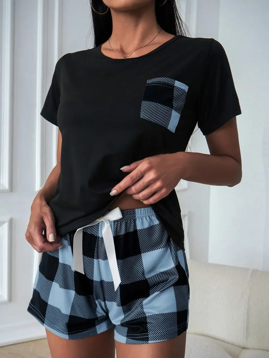 

Pocket Patched Tee And Buffalo Plaid Shorts Pajama Set