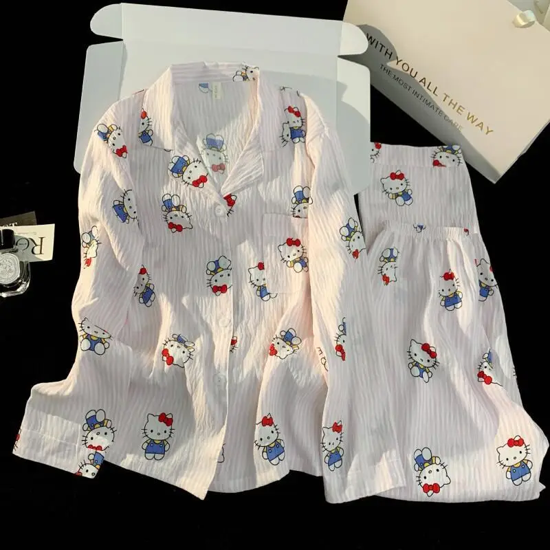 

Комплект пижам Sanrio Hello Kitty с милыми полосками, хлопковый, для женщин, домашняя одежда, весна-осень, с длинными рукавами и брюками, повседневный, свободный крой