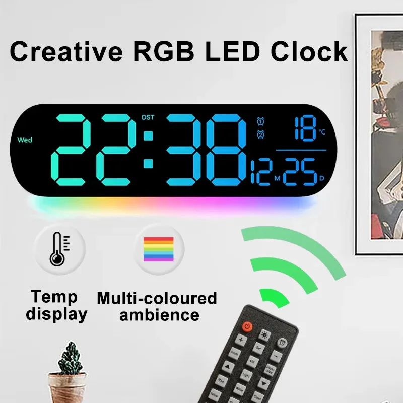 LED Luminous Digital Wall Clock With Remote Control Ambient Lights 14'' Creative RGB Alarm Clock  Date Temp Display  Home Decor