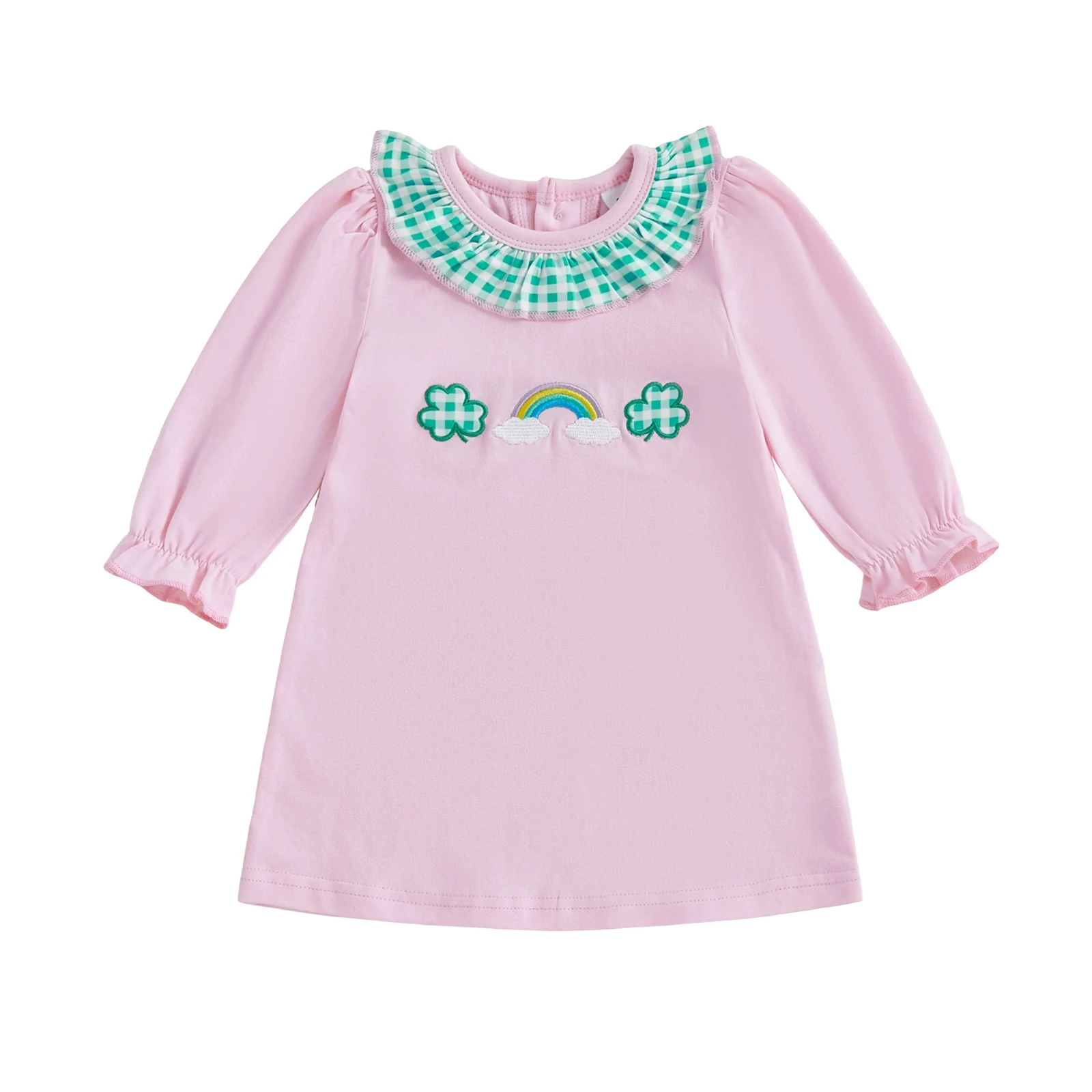 

Adorable Baby Girl Easter Dress with Floral Embroidery and Bow Detail on Plaid Ruffled Round Neck Long Sleeve Dress