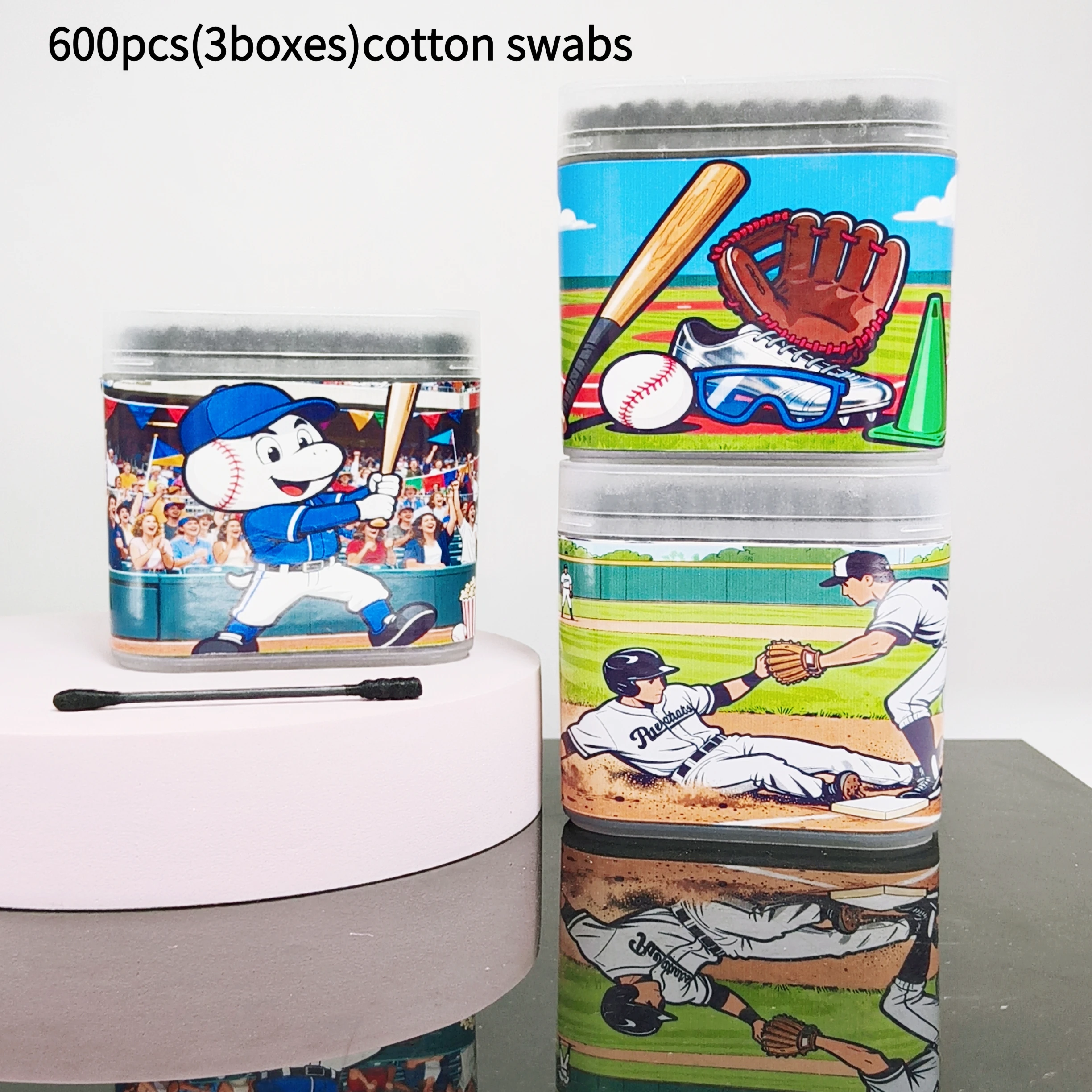 600 PZ (3 SCATOLE) tema baseball batuffolo di cotone nero scatola per scrub batuffolo di cotone a doppia testa