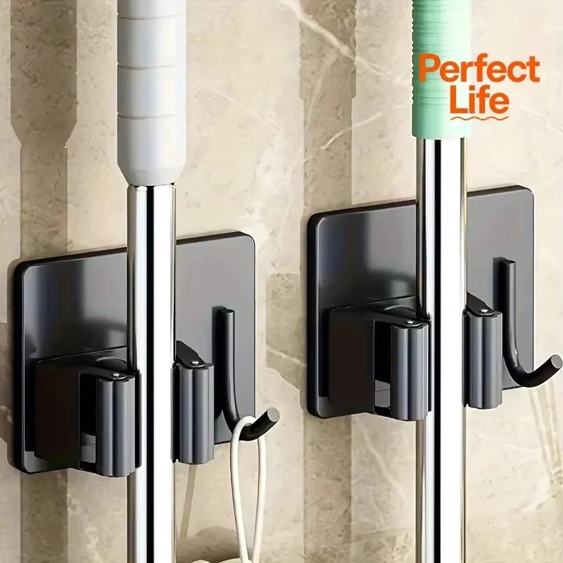 Heavy-Duty Stainless Steel No-Drill Mop Clip, Wall Mounted Multifunctional Bathroom Mop and Broom Hanging Rack