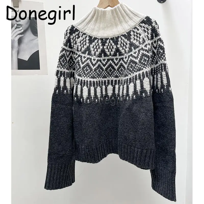 

Donegirl 2024 New Autumn Winter Fashion Women High Collar Knitted Sweater Jacquard Weave Pullovers Loose Vintage Turtleneck Chic