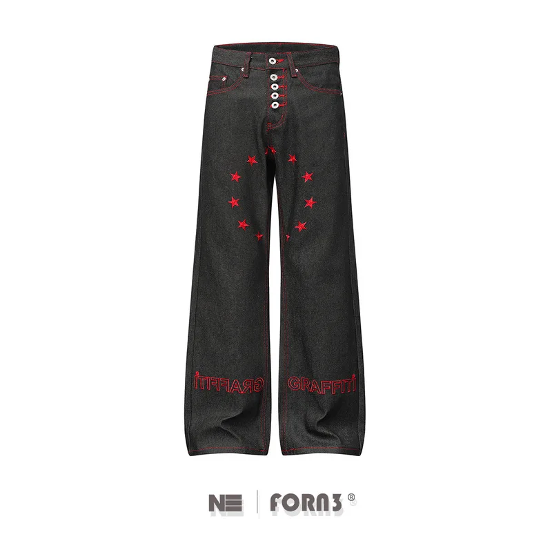 QICHE American Street Hip Hop Jeans Men Letter Embroidery Five Buttons Raw Denim Long Pants