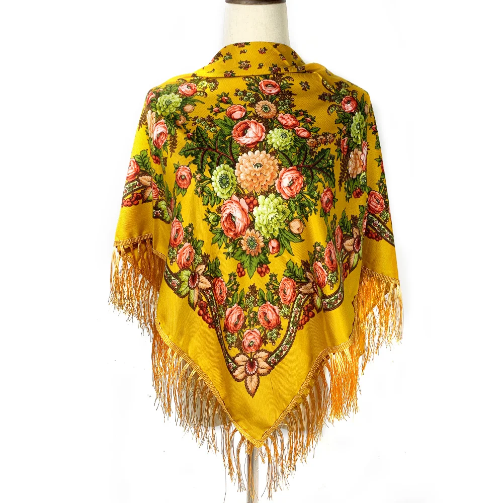 Women Retro Ukrainian Fringed Shawl Babushka Bandana Handkerchief Female Head Wraps Russian Floral Print Square Scarf