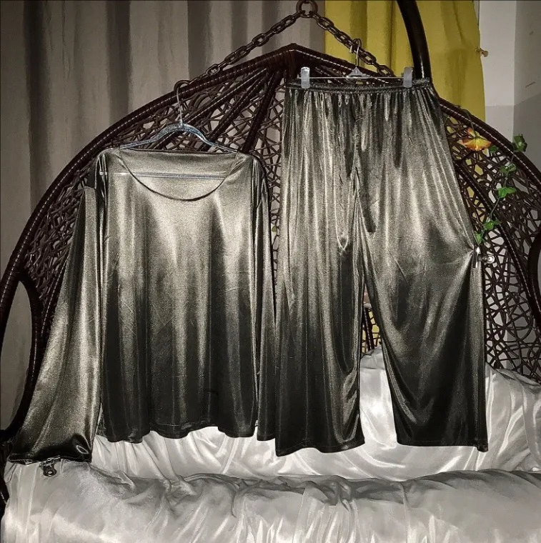 Sissy Men Women Pink Black Ice Silky Touch Glossy Pajamas 2-Piece Set Sleepwear Long Sleeve Plus Size Top Pants Sleeping Gown