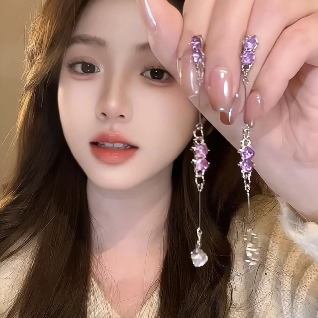 Y2K Purple Zircon Long Tassel Earrings for Women Girls Luxury Metal Crystal Geometric Temperament Drop Earrings Wedding Jewelry