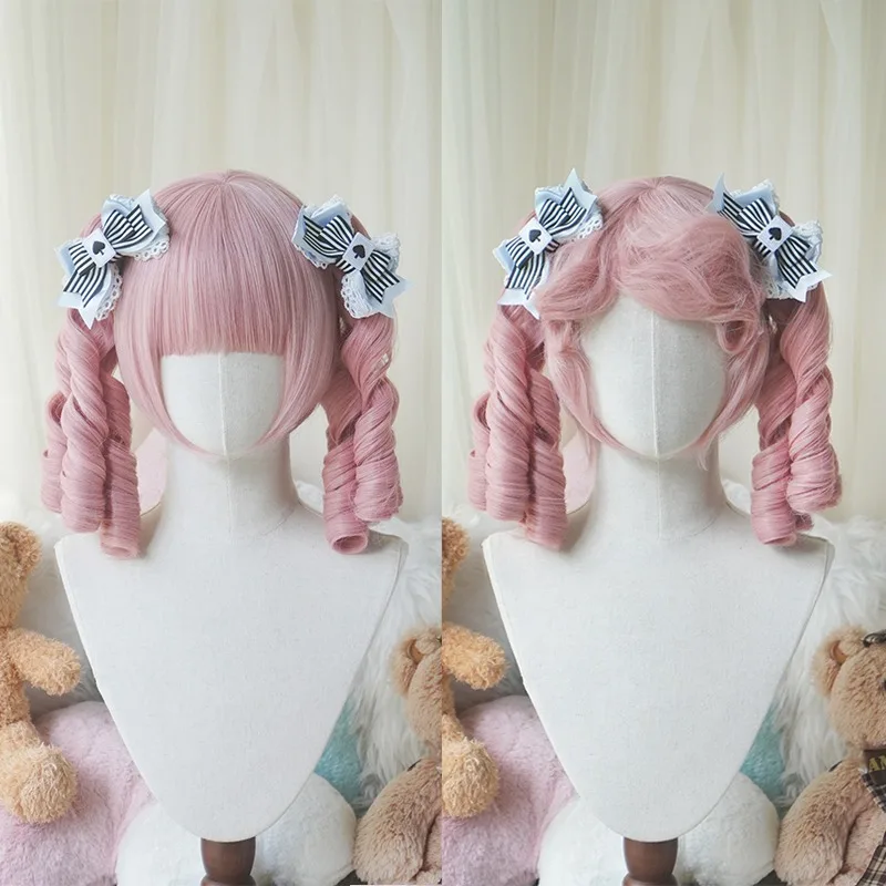 Parrucca sintetica a rotolo romano bianco/rosa Parrucca Bobo femminile elegante retrò Lolita con frangia dritta con parrucca da festa con fermaglio per capelli tigre a rotolo romano