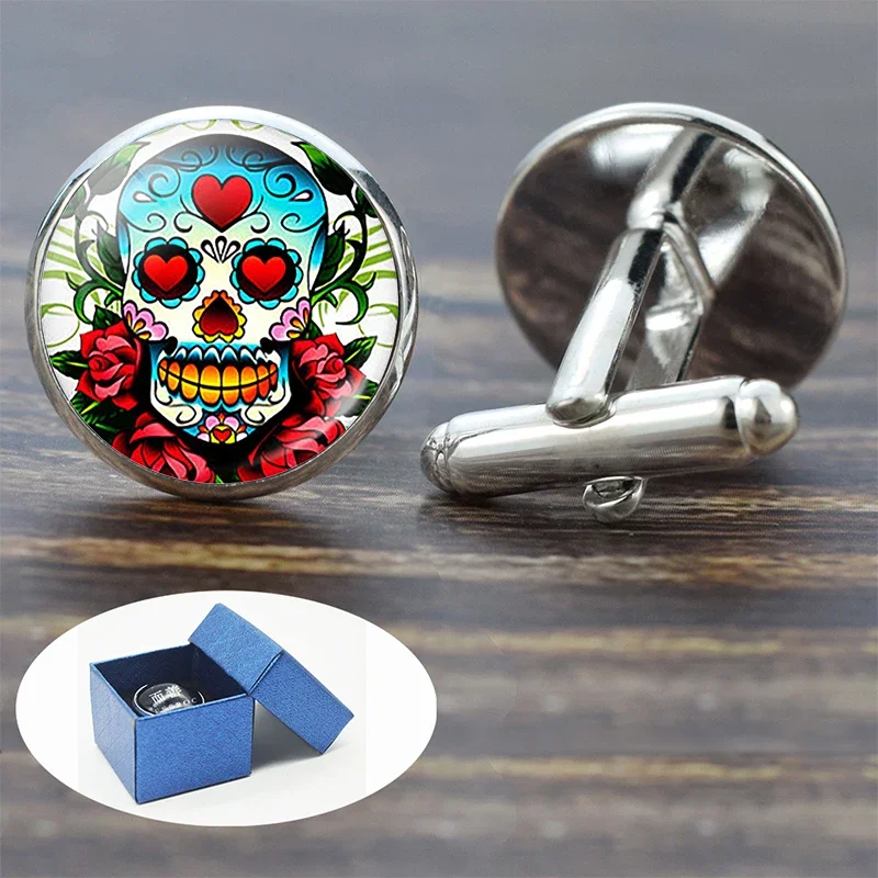 Skull Cufflinks for Men Suit Shirt Best Man Cufflinks Set Sugar Skull Jewelry Glass Cabochon Cuff Links Fashion Gifts