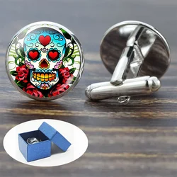 Skull Cufflinks for Men Suit Shirt Best Man Cufflinks Set Sugar Skull Jewelry Glass Cabochon Cuff Links Fashion Gifts