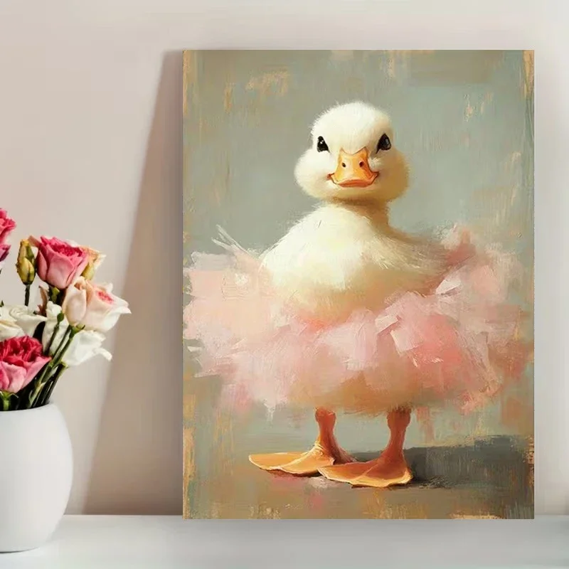Multiple sizes 1pc frameless Canvas Painting,Funny Cute Little Yellow Duck in A Pink Ballet Poster and Prints Canvas Painting Wa