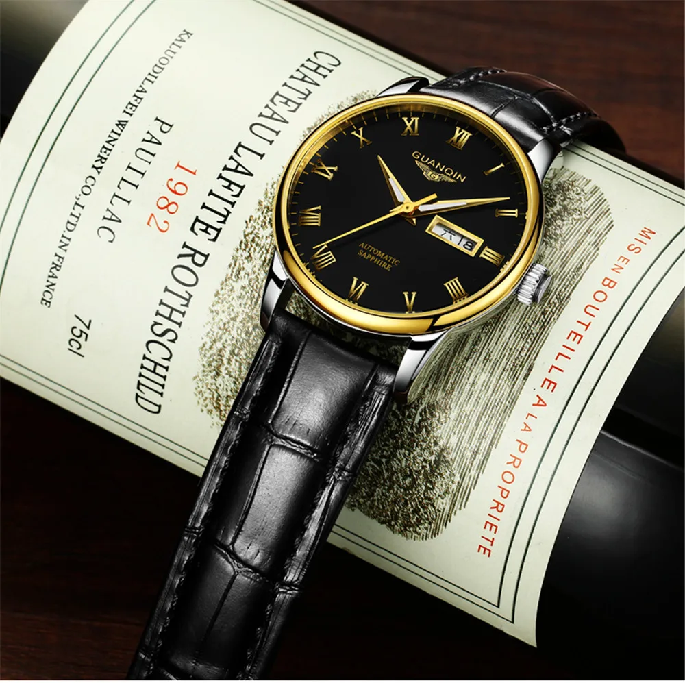GUANQIN Luxury Watch Automatic Self-Wind Date Luminous Steel Leather Band Sapphire Crystal Top Brand Mechanical Men's Wristwatch