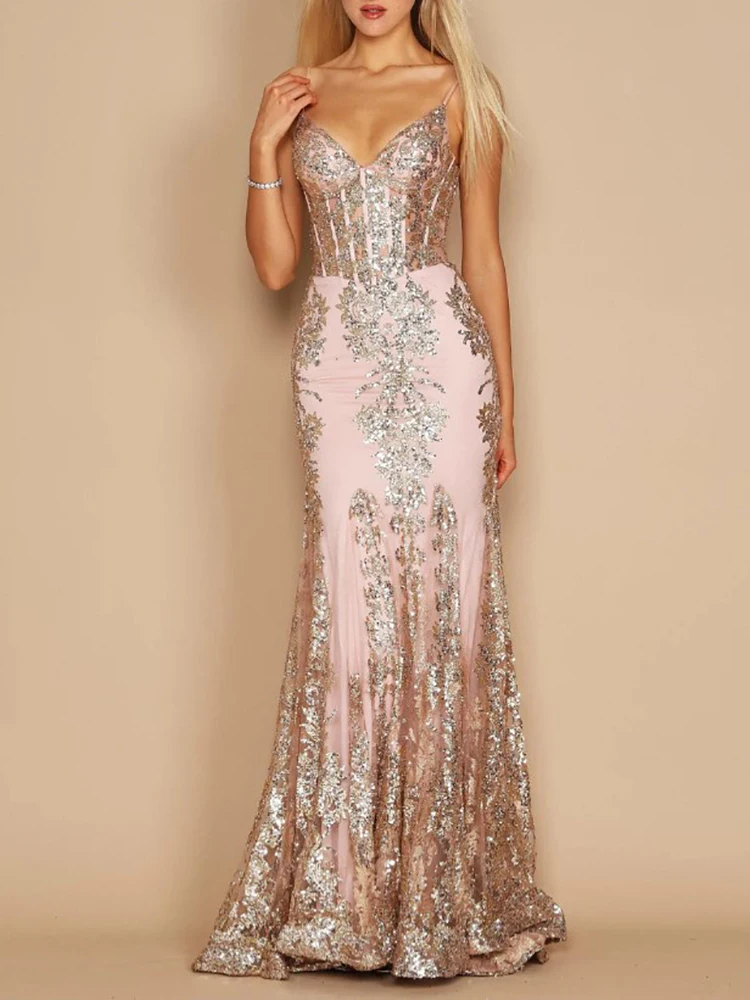 Robe de Soirée de Luxe en Dentelle à Paillettes pour Femme, Tenue Élégante à Bretelles Spaghetti, Dos aux, Longueur au Sol, Fourreau, pour Occasions Formelles, Bal, Nouvelle Collection