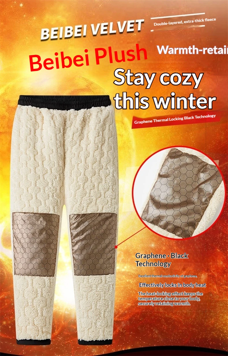 Men Winter Lamb Fleece Lined Cotton Pants, Graphene Knee Pads Thick Thermal Outerwear Loose Plus Size Trousers for Middle Aged