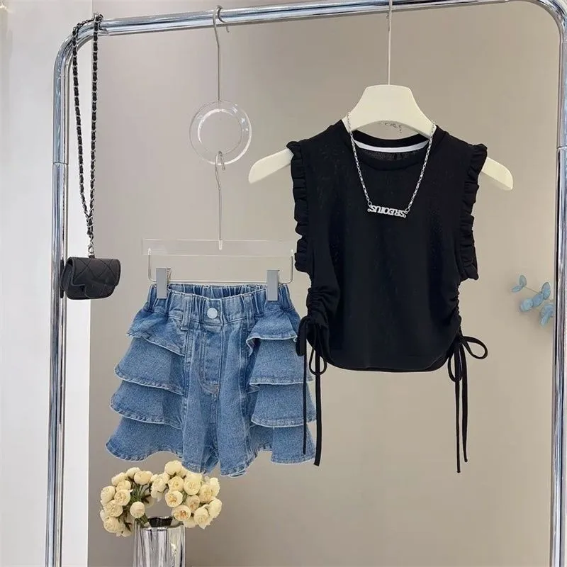 

Teenage girl summer set new children's drawstring vest lace shorts two-piece set Korean version fashion 100-160cm