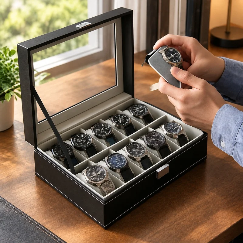 PU Leather Display Organizer with Glass Lid, Storage Box for Men's Watches and Jewelry, Multi-Compartment Holder (2 to 12 Slots)