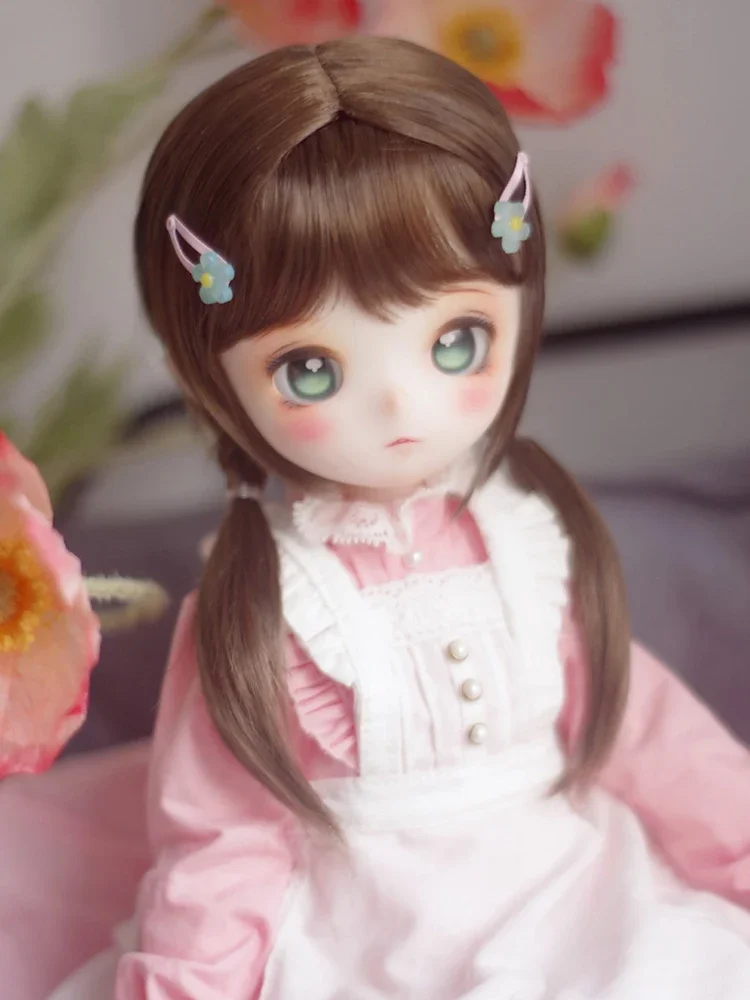 （Customize 30 Days） 1/4 1/3 MSD bjd doll wig Mohair black brown long wig with double braids 1pcs