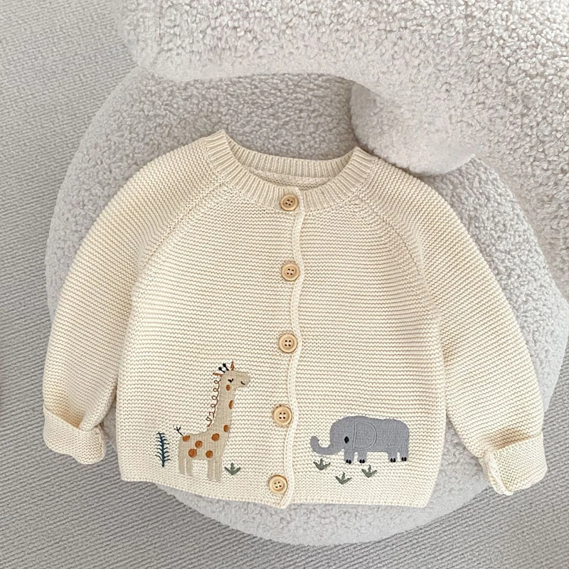 Autumn New Baby Clothing, 0-3 Year Old Girl, Cute and Fun Embroidered Round Neck Cotton Sweater Knitted Cardigan Coat