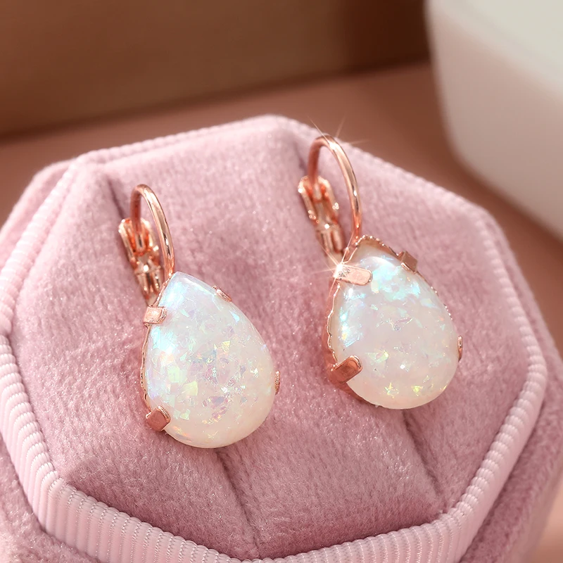 Fashion Rose Gold Color Water Droplet Inlaid Imitation Opal Dangle Earrings for Women Delicate Engagement Party Earrings Jewelry