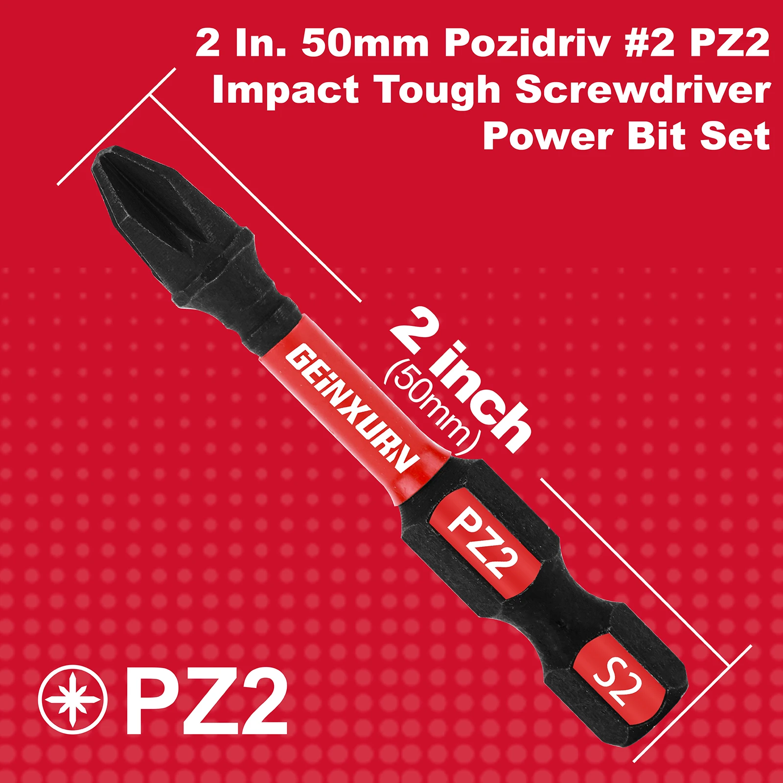 Geinxurn 2Inches Pozidriv #2 PZ2 Impact Tough Screwdriver Power Bit Set, S2 Alloy Steel Screwdriver Bits Set