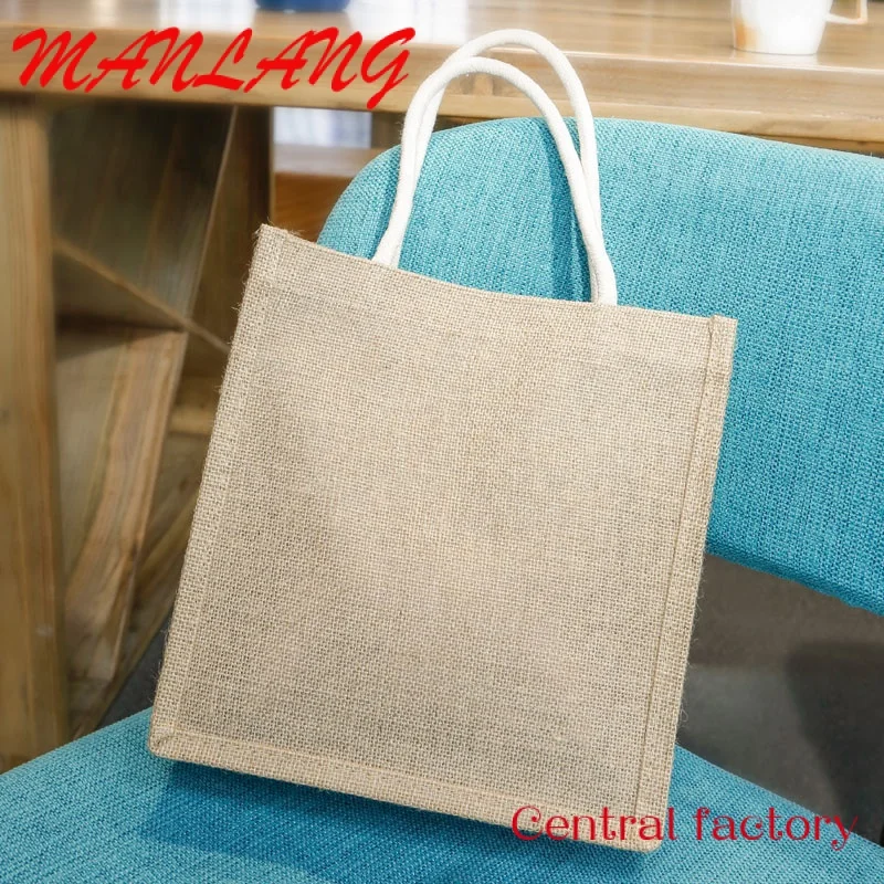 Sac fourre-tout de plage en toile laminée, sac fourre-tout en jute, logo imprimé personnalisé convivial, forme carrée, coton, shopping, cuillère à soupe