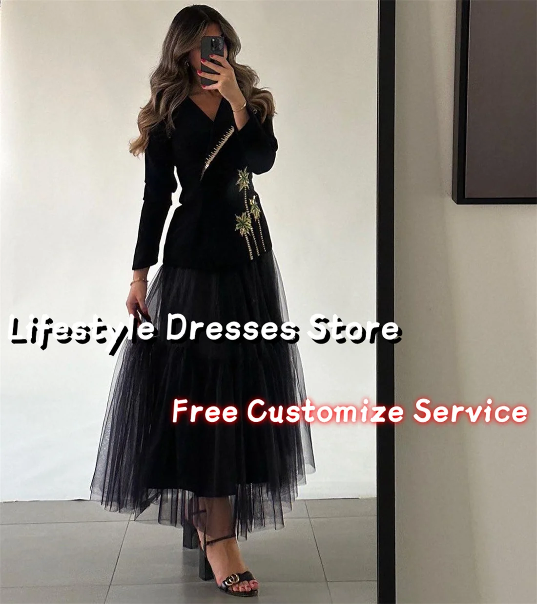 Customized Coconut Tree Beaded Long Sleeves Black Prom Dresses Tulle A-Line Crepe Jacket Evening Dress Saudi Formal Party Gown