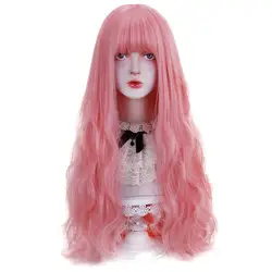 AICKER-Perruque Synthétique Longue Rose avec Frange pour Femme, Perruques Cosplay Naturelles sulfet Ondulées, Halloween et Noël, 30 po