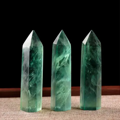 4PC Set Natural Green Fluorite Hexagonal Wand Crystal Single Point Column Polished Green Quartz Obelisk Home Room Decor Crafts