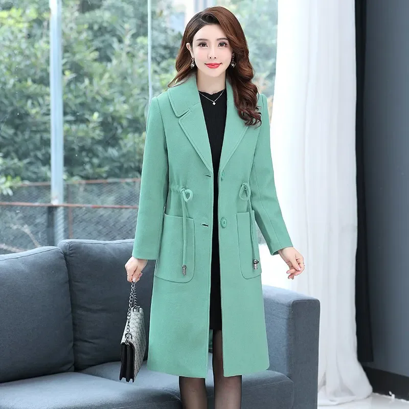 Women Chic Casual Woolen Windbreaker Overcoat 2026 Autumn Winter Slim Medium Long Single-Breasted Trenchcoat with Lace-Up Detail