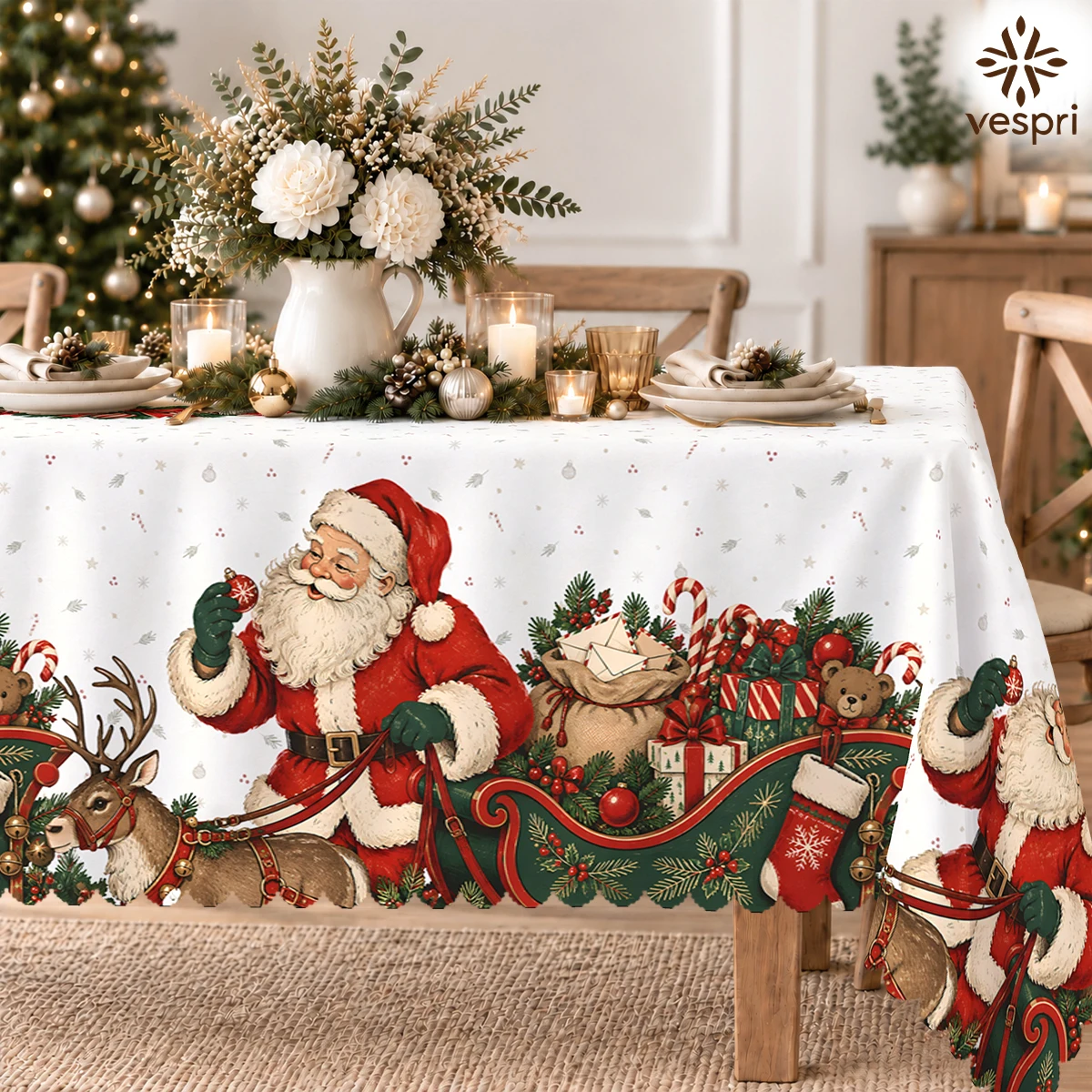 Nativity Tablecloth with Gingerbread, Santa Sleigh for Indoor/Outdoor Camping decor, Rectangular/Round/Oval