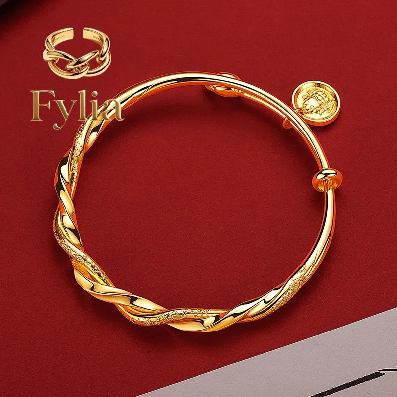 

Fylia Jewelry 9999 24K gold bracelet for women, high-end semi inlaid sand semi gloss twisted pull bracelet, high-end gold jewel