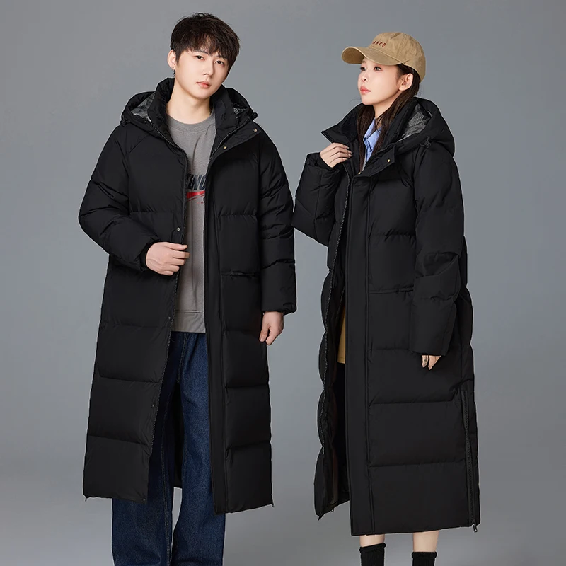 

2025 Winter New Unisex Over-Knee Long Down Jacket Solid Color Versatile Casual Loose Fit White Duck Down Warm Coat