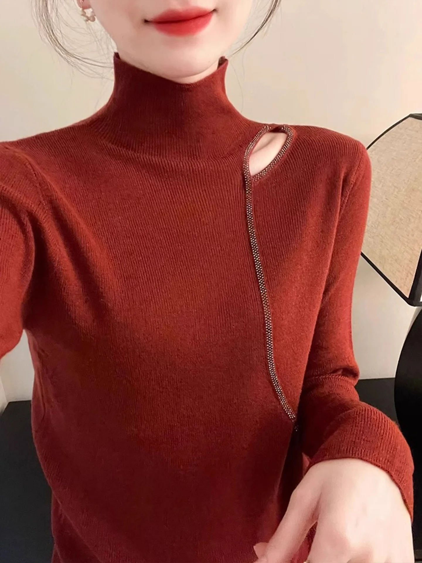 

Женская ажурная вязаная кофта Ele с длинным рукавом, красная, новогодняя, облегающая, в корейском стиле, для повседневной носки, больших размеров