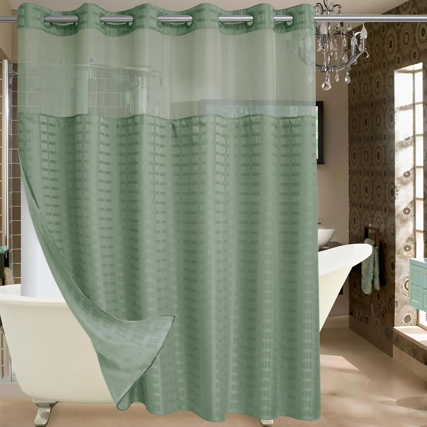 

Extra Wide No Hook Sage Green Shower Curtain with Snap-in Liner, 108" x 74", Waterproof Luxury for Hotel & Home Bathroom