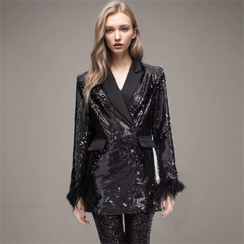 New Sequined Women Stylish Suit Jacket Long Sleeves with Feathers Double Breasted Fashionable Suit Blazer High-end