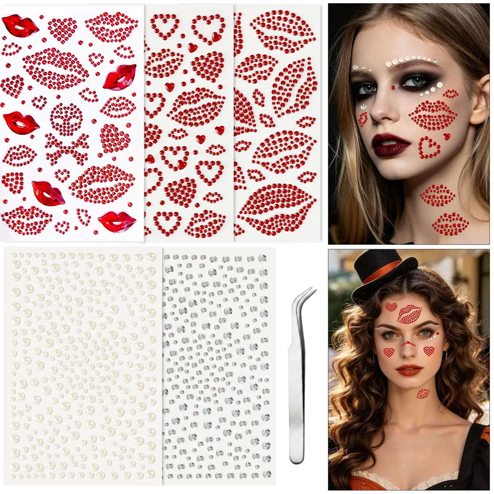 1/5 Sheets Red Face Gem Lip Rhinestone Stickers for Makeup Self-Adhesive Kiss Jewels Stickers Body Hair Eye Makeup Gems Pearls
