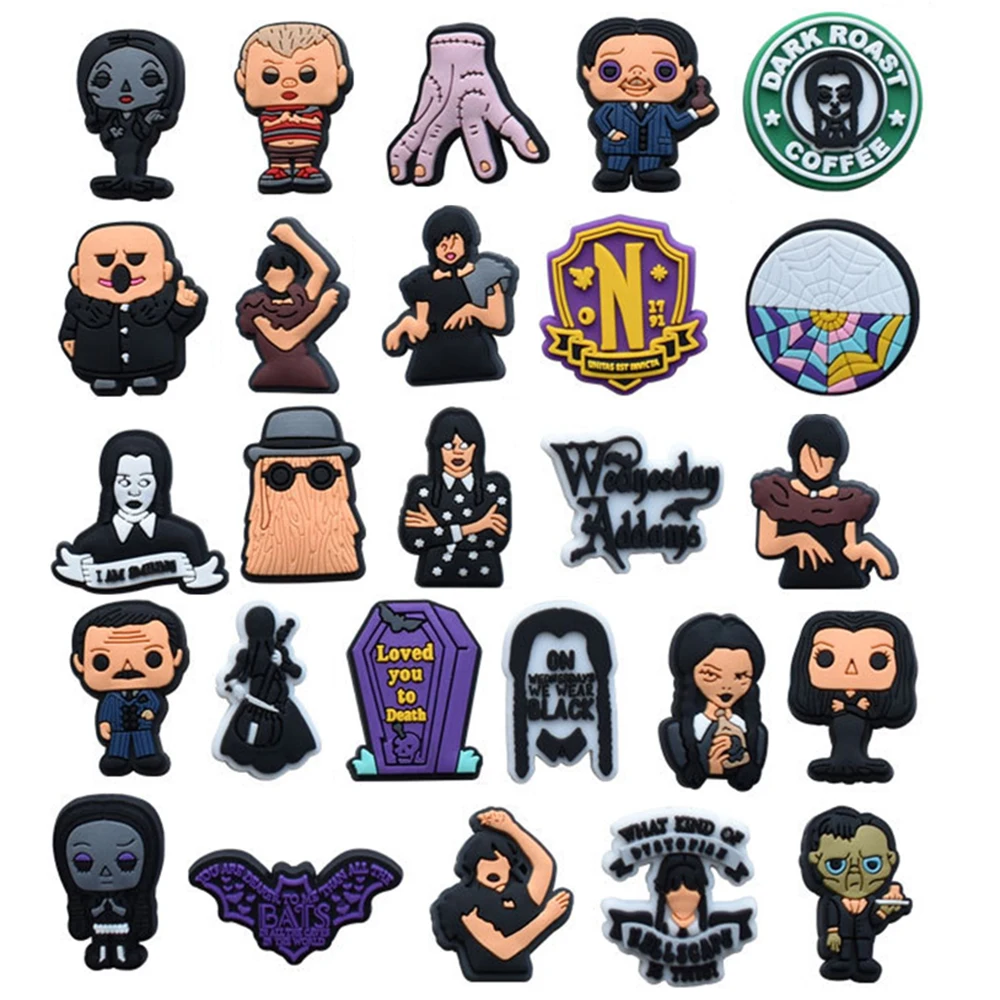 

Single sale 1pcs Addams Family PVC shoe Charms Accessories Decoration Buckles Classic Clog Fit Bands Bracelets